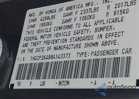 2008 Honda Accord 2.4 Lx-P z USA, uszkodzony, nr VIN 1HGCP26498A143373